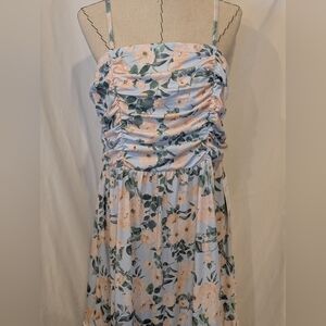 Spaghetti Strap Ruched Floral Midi Dress Light Blue Peach boho cottagecore